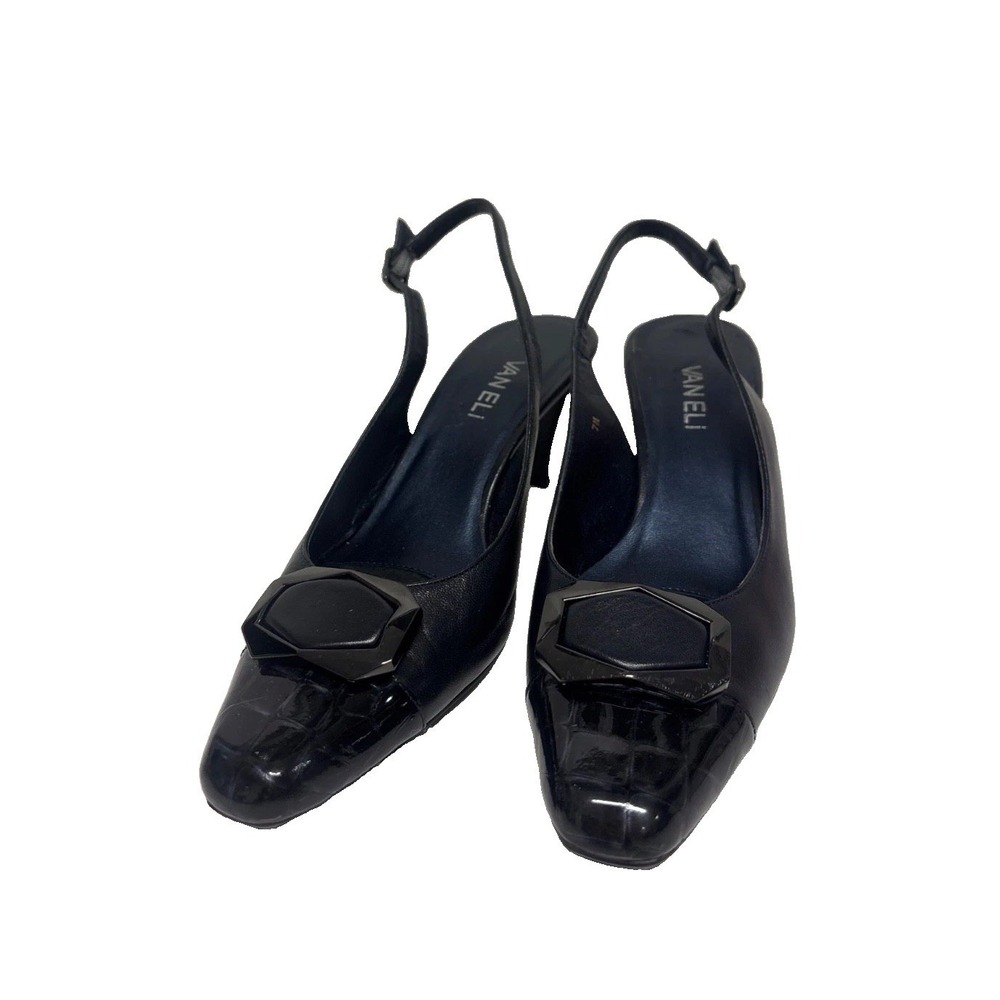 VANELI Womens Black Leather Slingback Heels Croc Embossed Cap Toe Buckle Size 7M